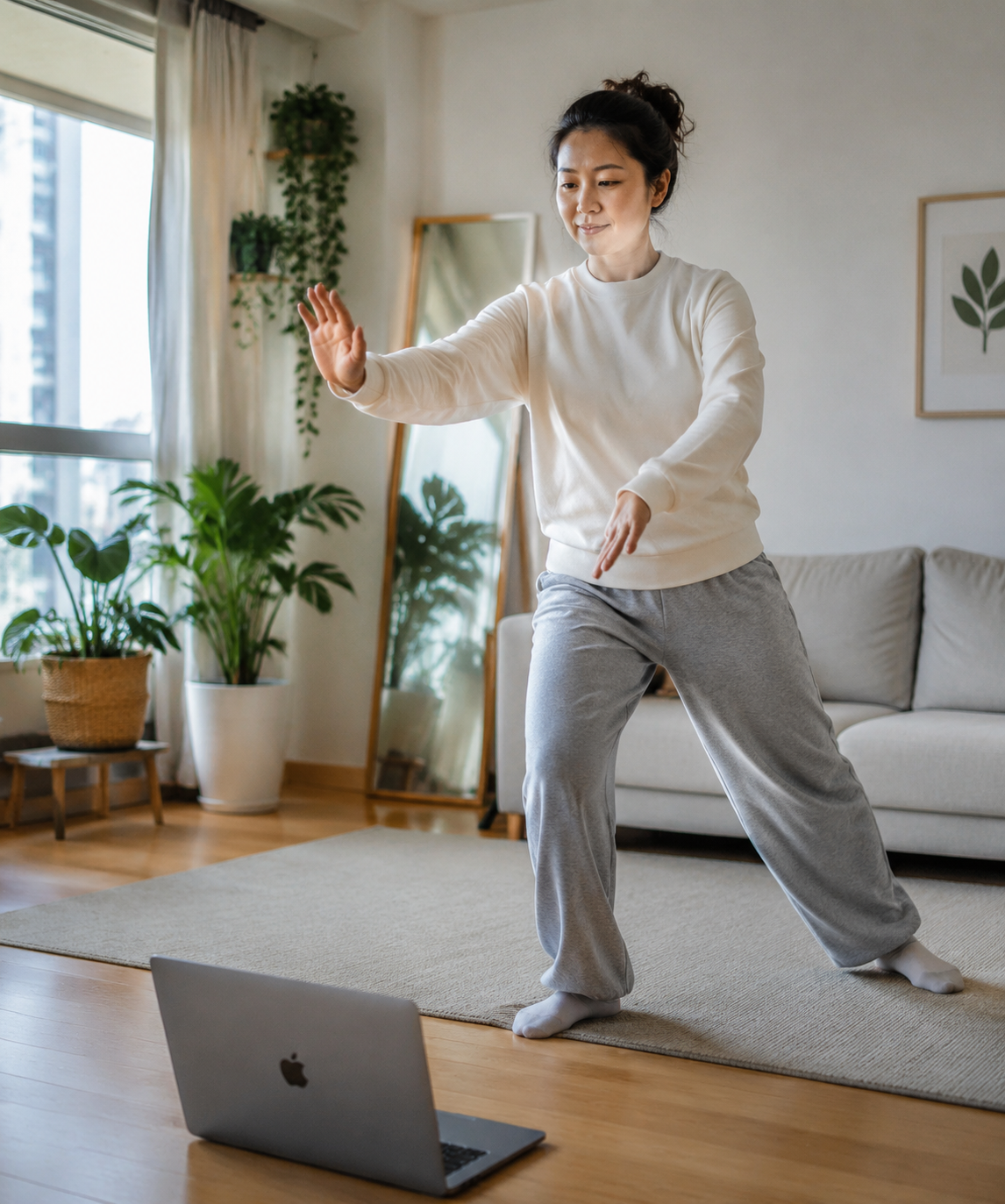 Beginner practicing slow tai chi opening form at home